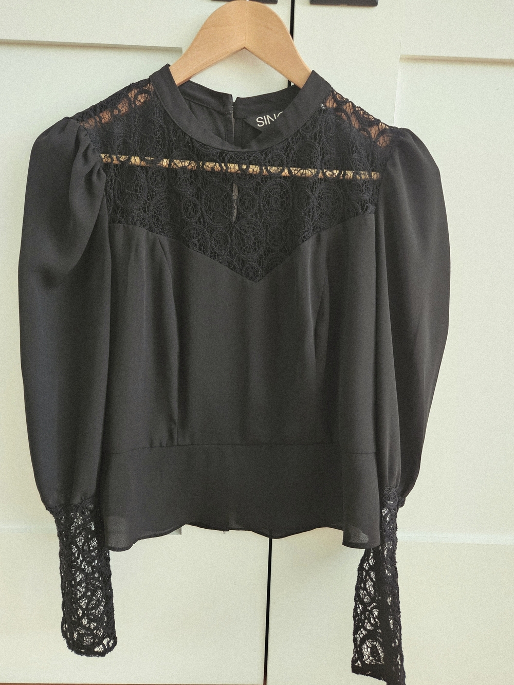 Single Los Angeles Black Lace Illusion Mock Neck Puff Sleeve Blouse Size S